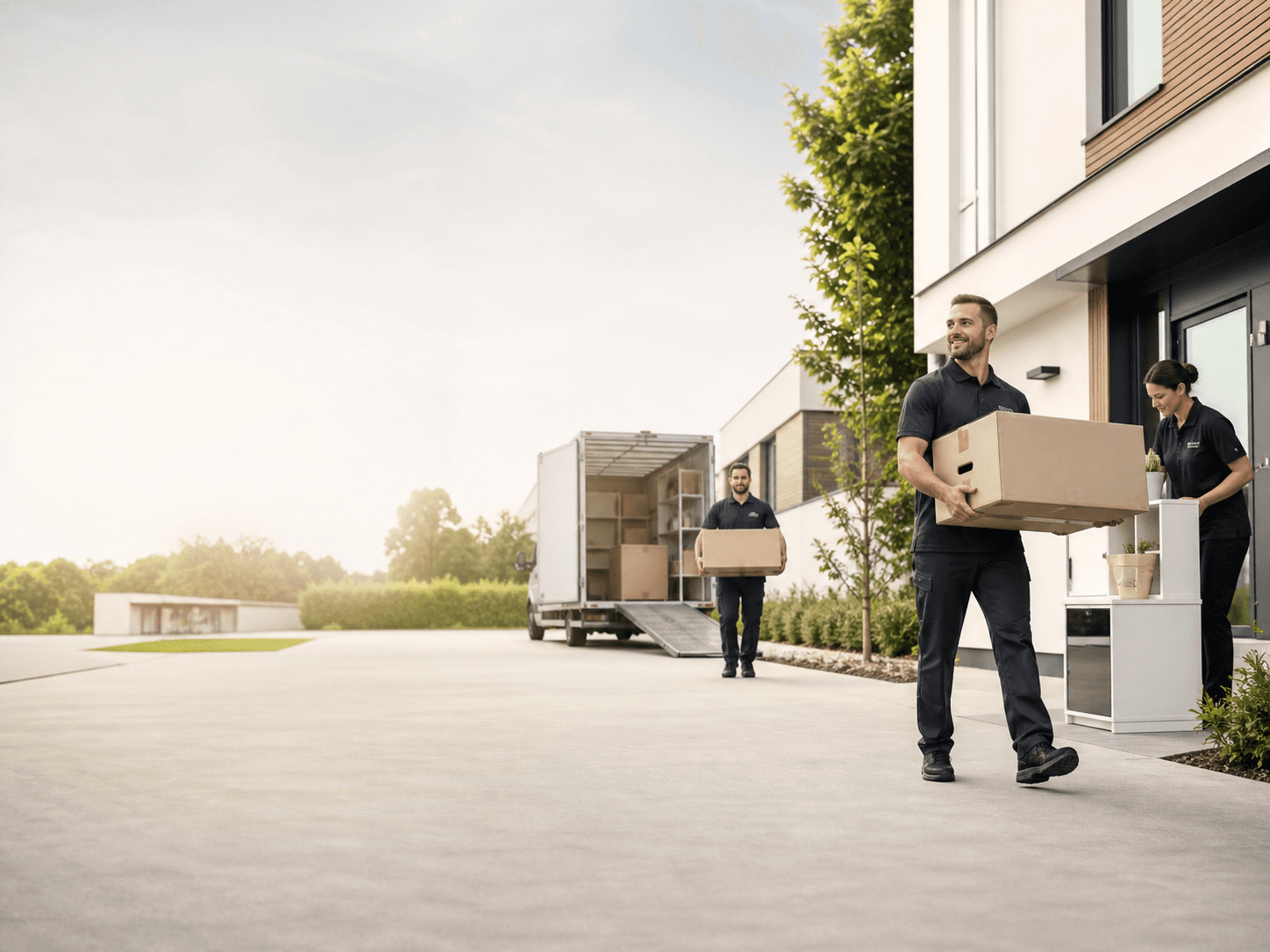 OKELLI Team beim Umzugs- und Transportservice vor einem modernen Wohngebäude